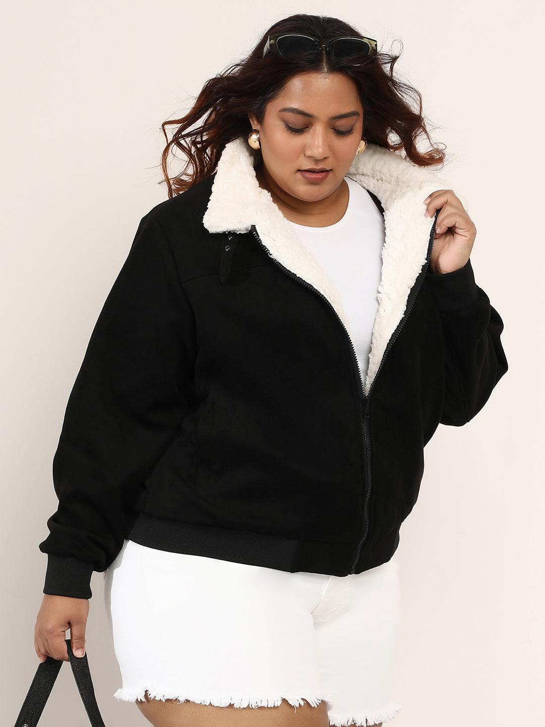 Contrast Sherpa-Lined Suede Bomber Jacket