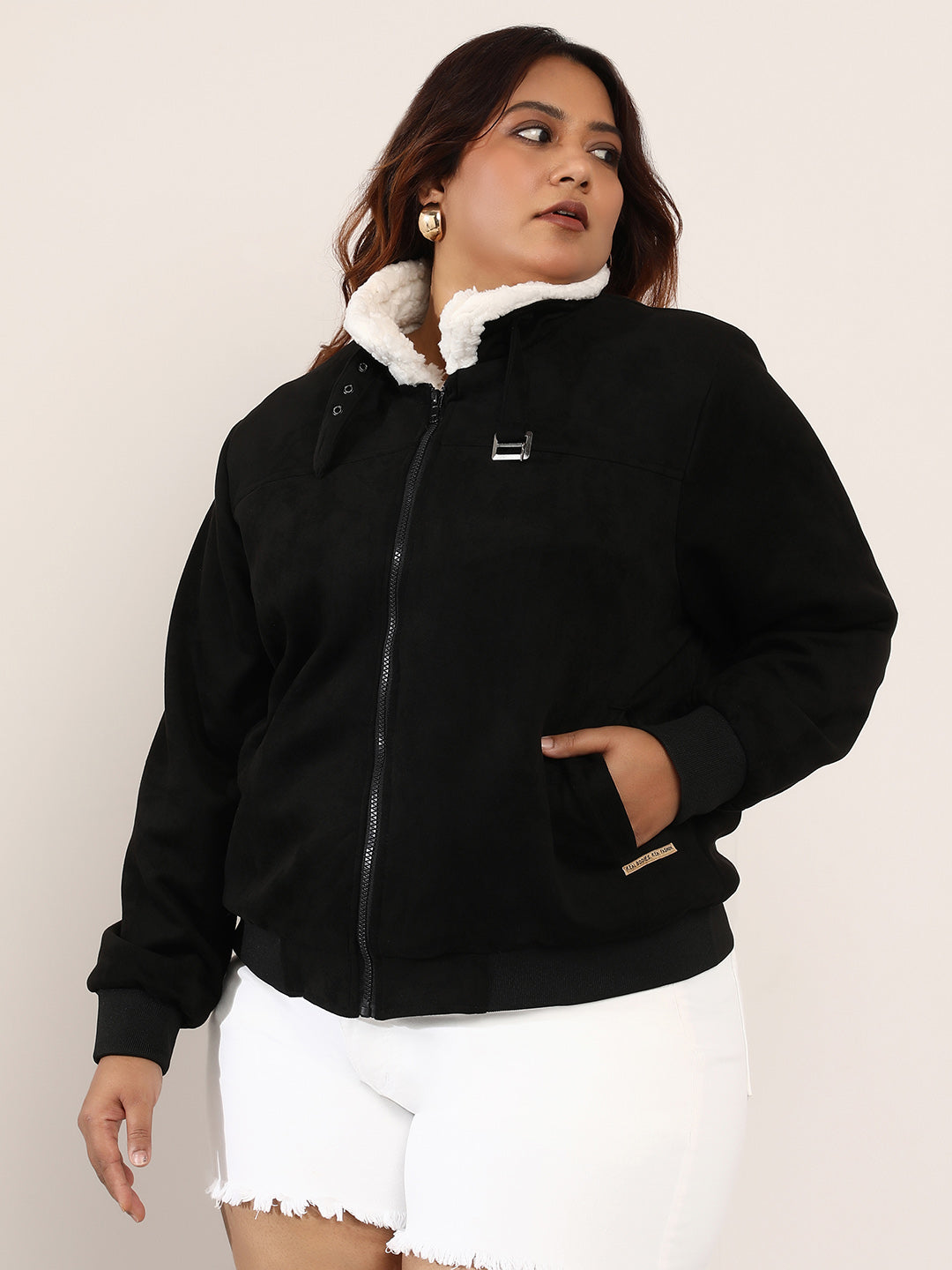 Contrast Sherpa-Lined Suede Bomber Jacket