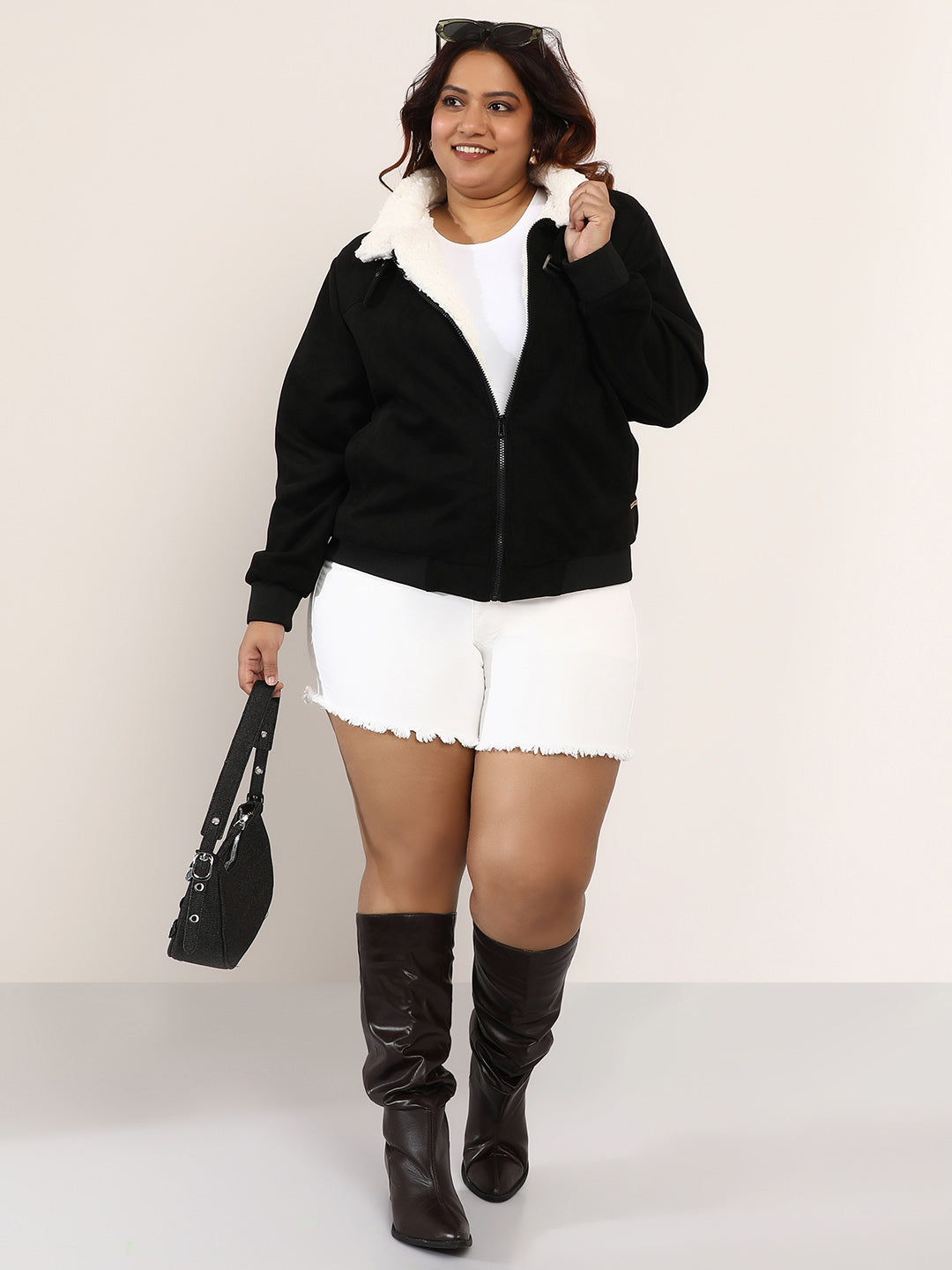 Contrast Sherpa-Lined Suede Bomber Jacket