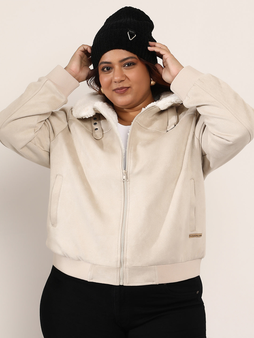 Contrast Sherpa-Lined Suede Bomber Jacket