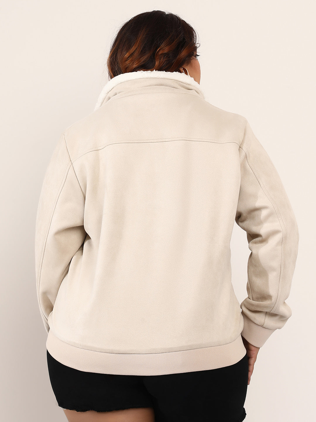 Contrast Sherpa-Lined Suede Bomber Jacket