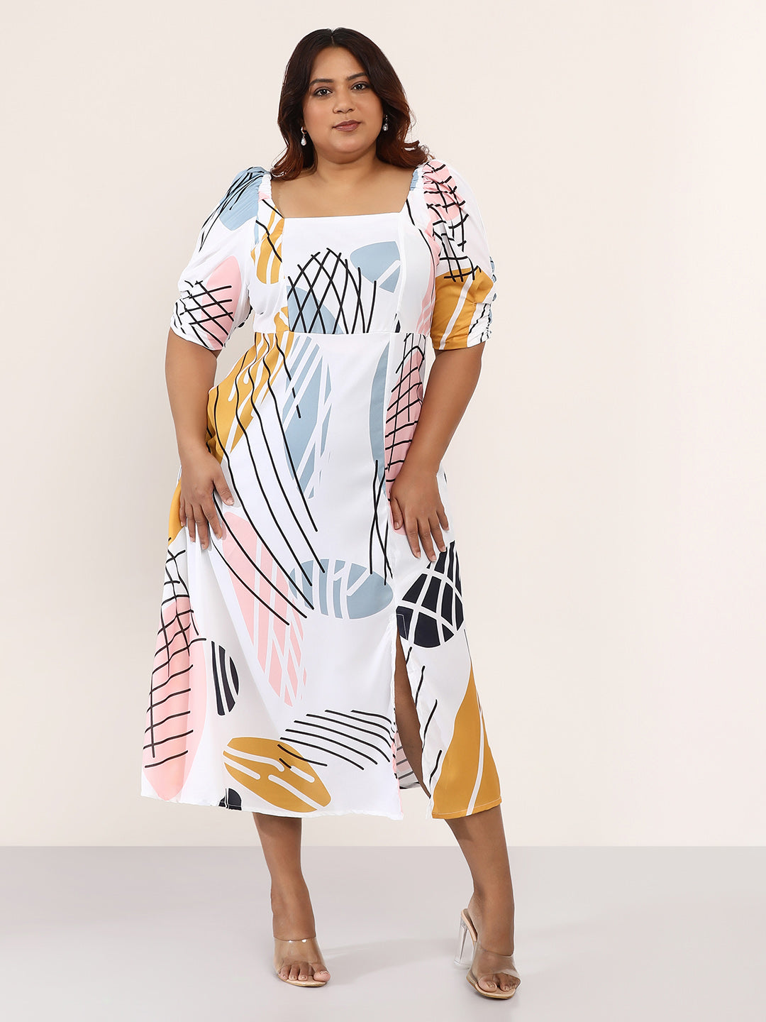 Contrast-Foliage Midi Dress