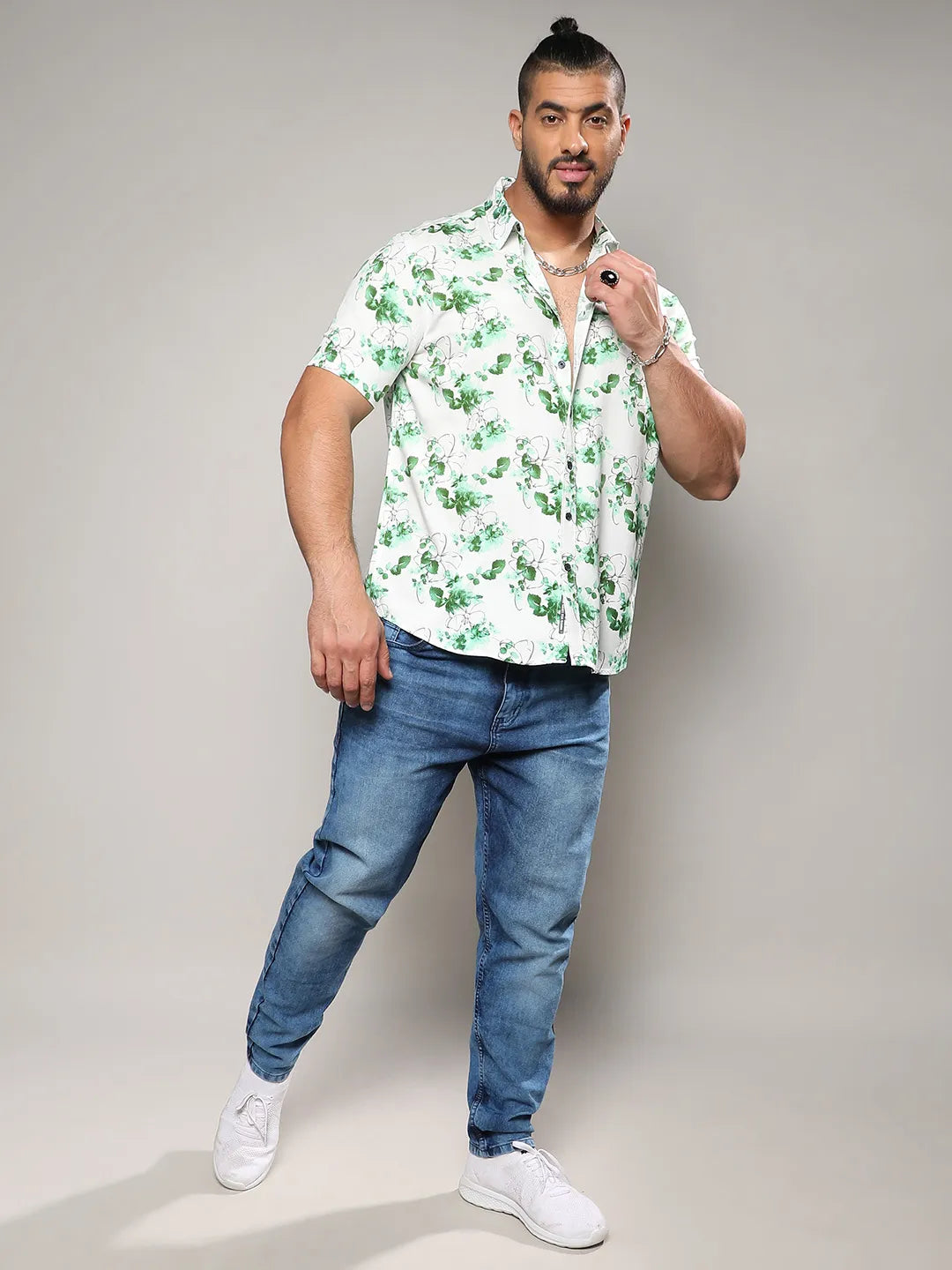 Green & White Botanical Strokes Shirt