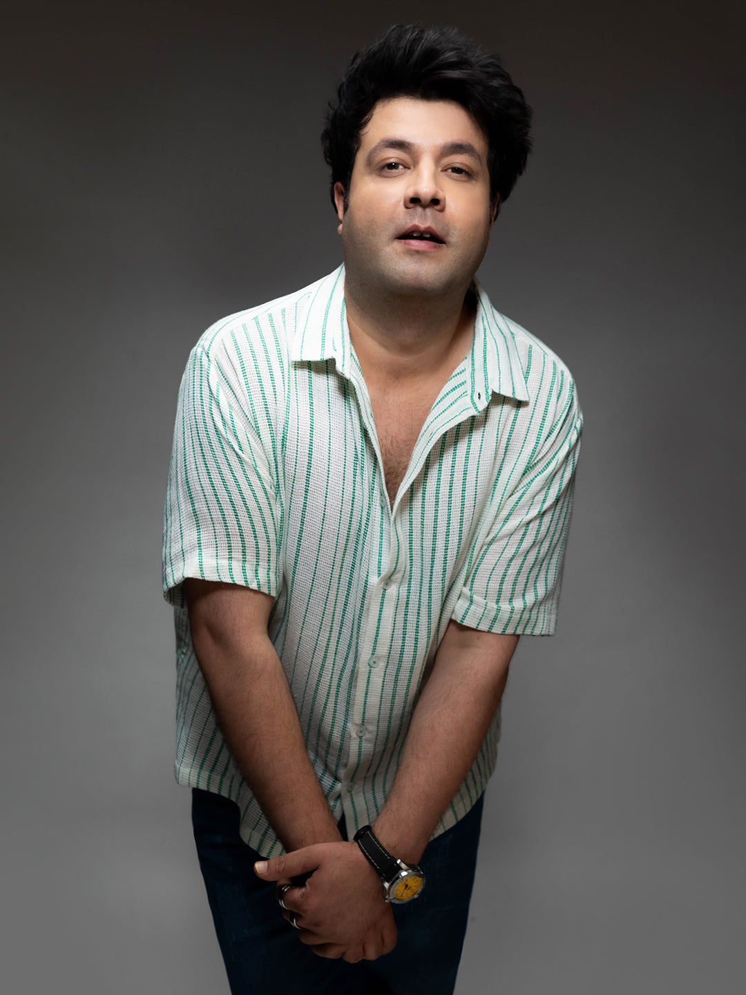 White & Green Unbalanced Striped Woven Shirt