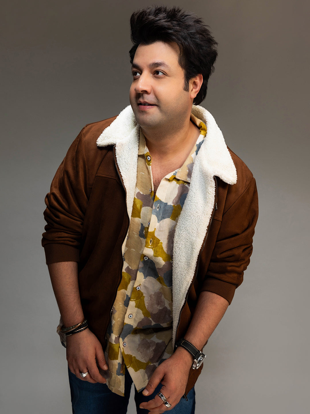 Brown Zip-Front Jacket With Fleece Detail