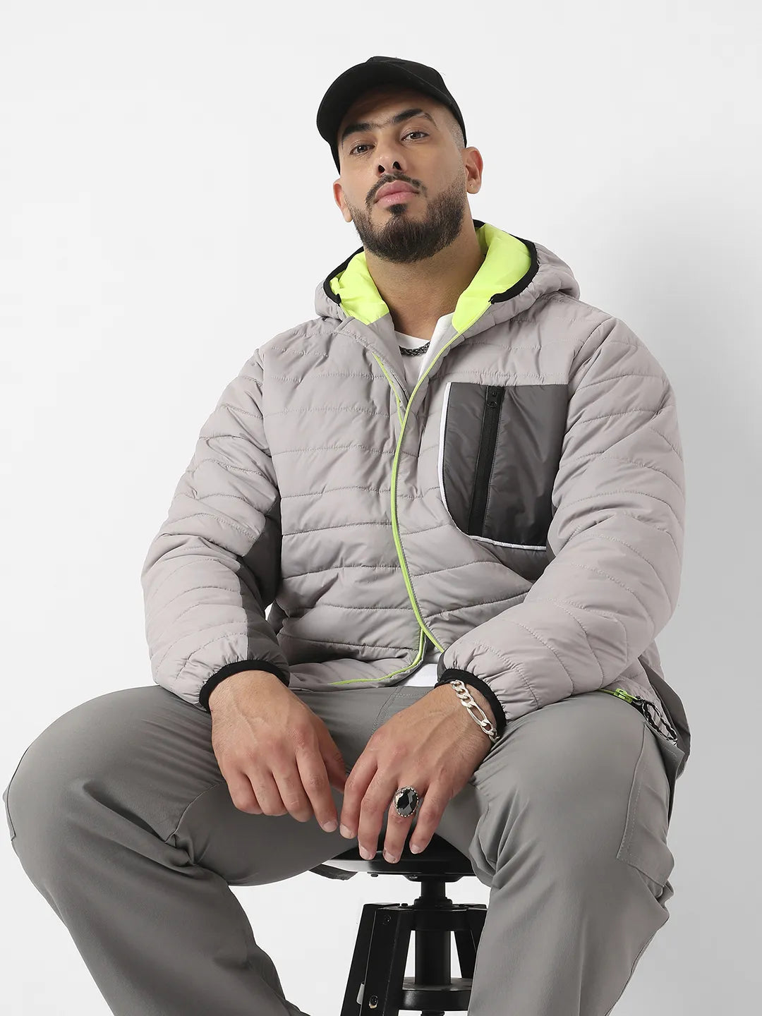 Light Grey Puffer Jacket With Contrast Zipper