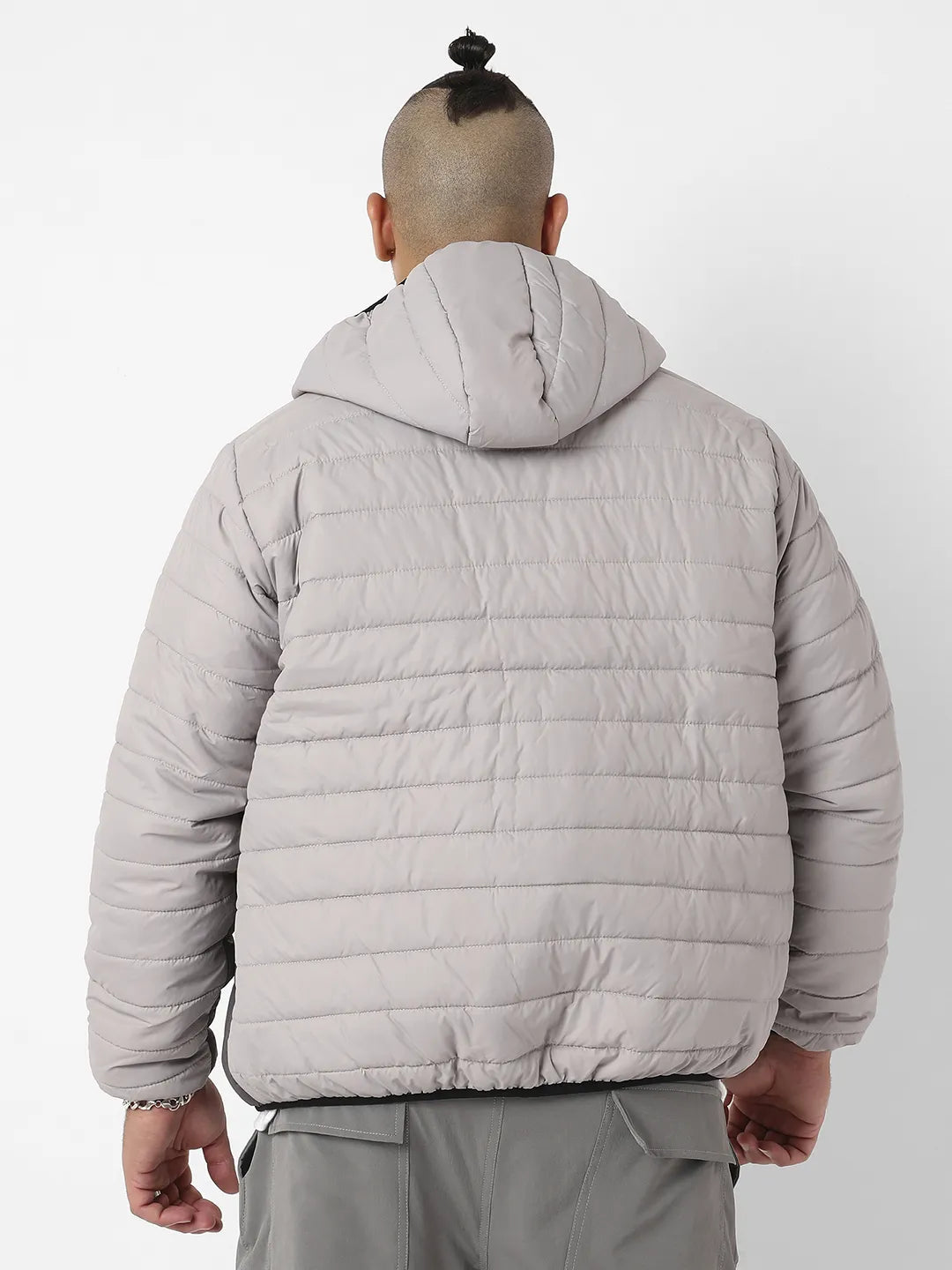Light Grey Puffer Jacket With Contrast Zipper