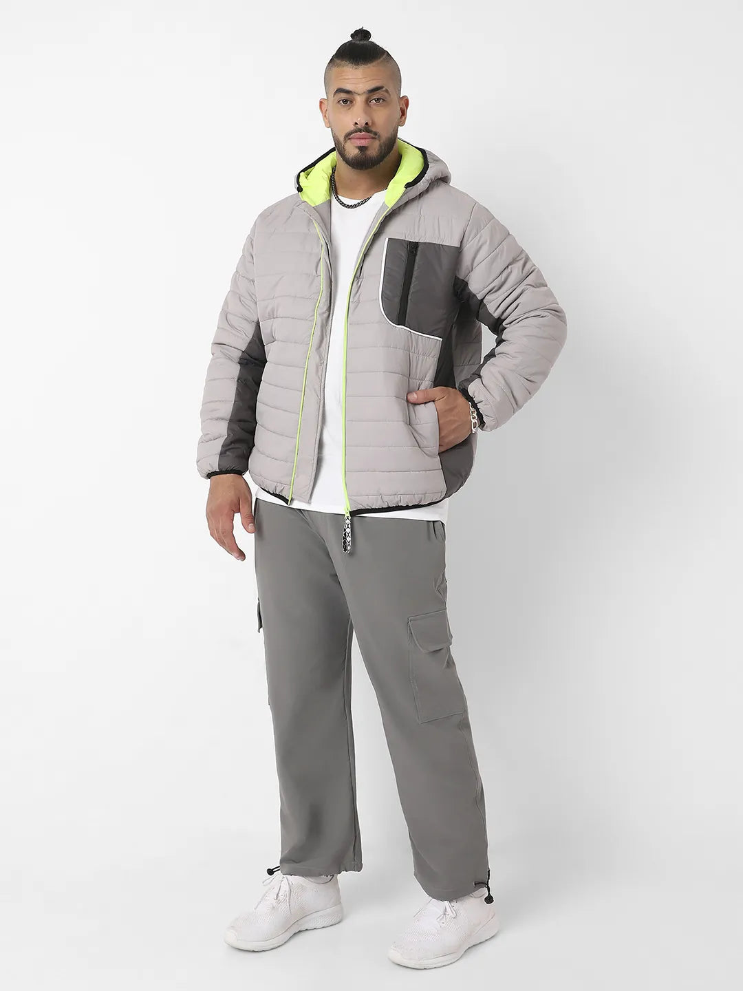 Light Grey Puffer Jacket With Contrast Zipper