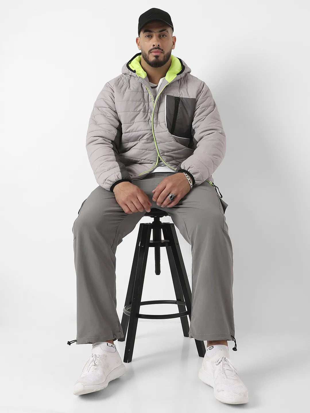 Light Grey Puffer Jacket With Contrast Zipper