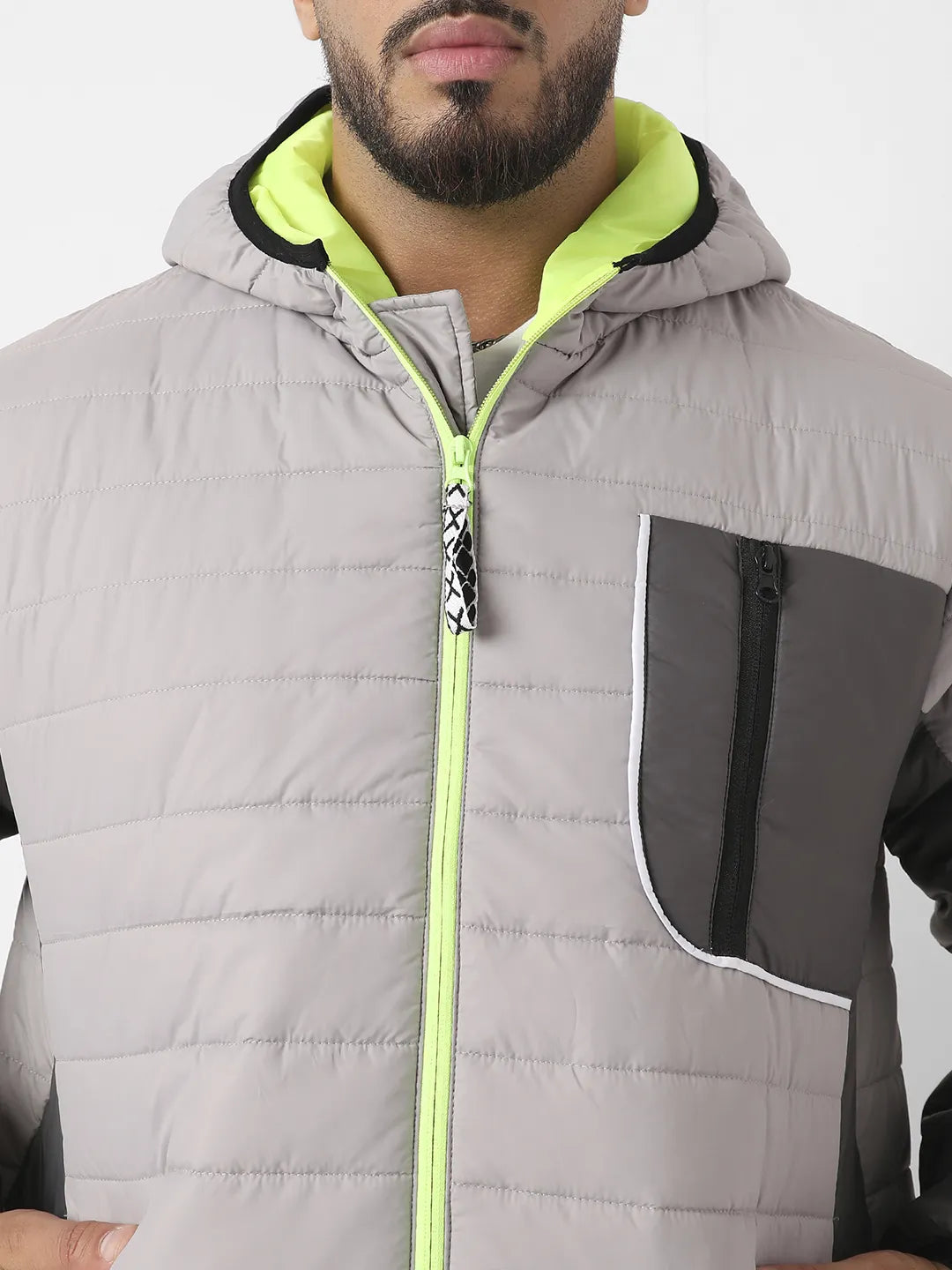 Light Grey Puffer Jacket With Contrast Zipper