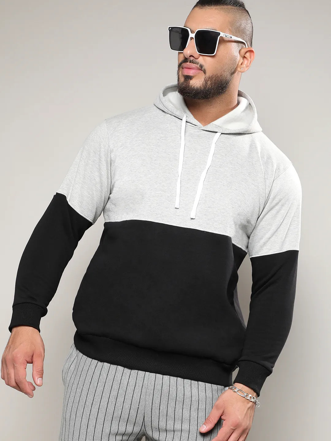 Black & Grey Pullover Hoodie With Ribbed Hem