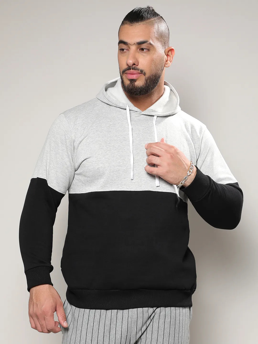 Black & Grey Pullover Hoodie With Ribbed Hem