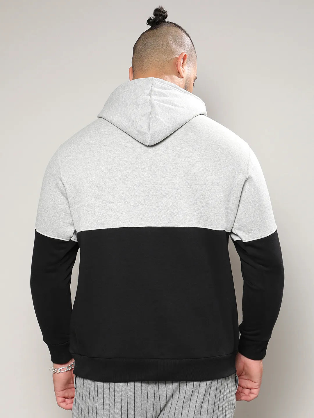 Black & Grey Pullover Hoodie With Ribbed Hem