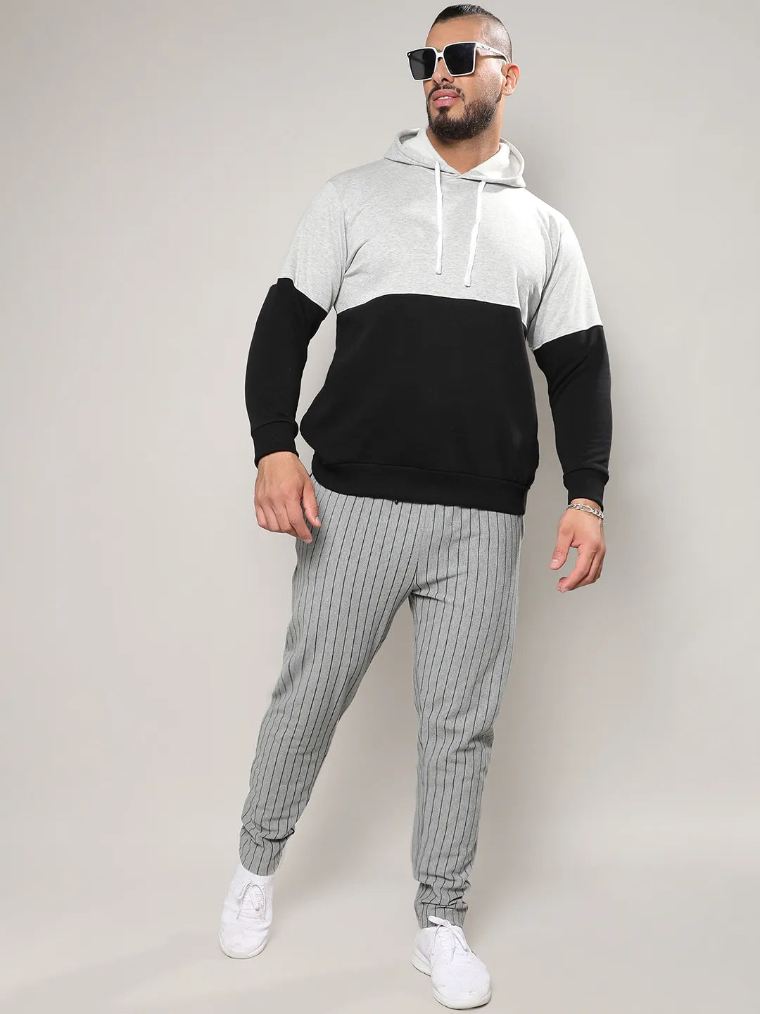 Black & Grey Pullover Hoodie With Ribbed Hem