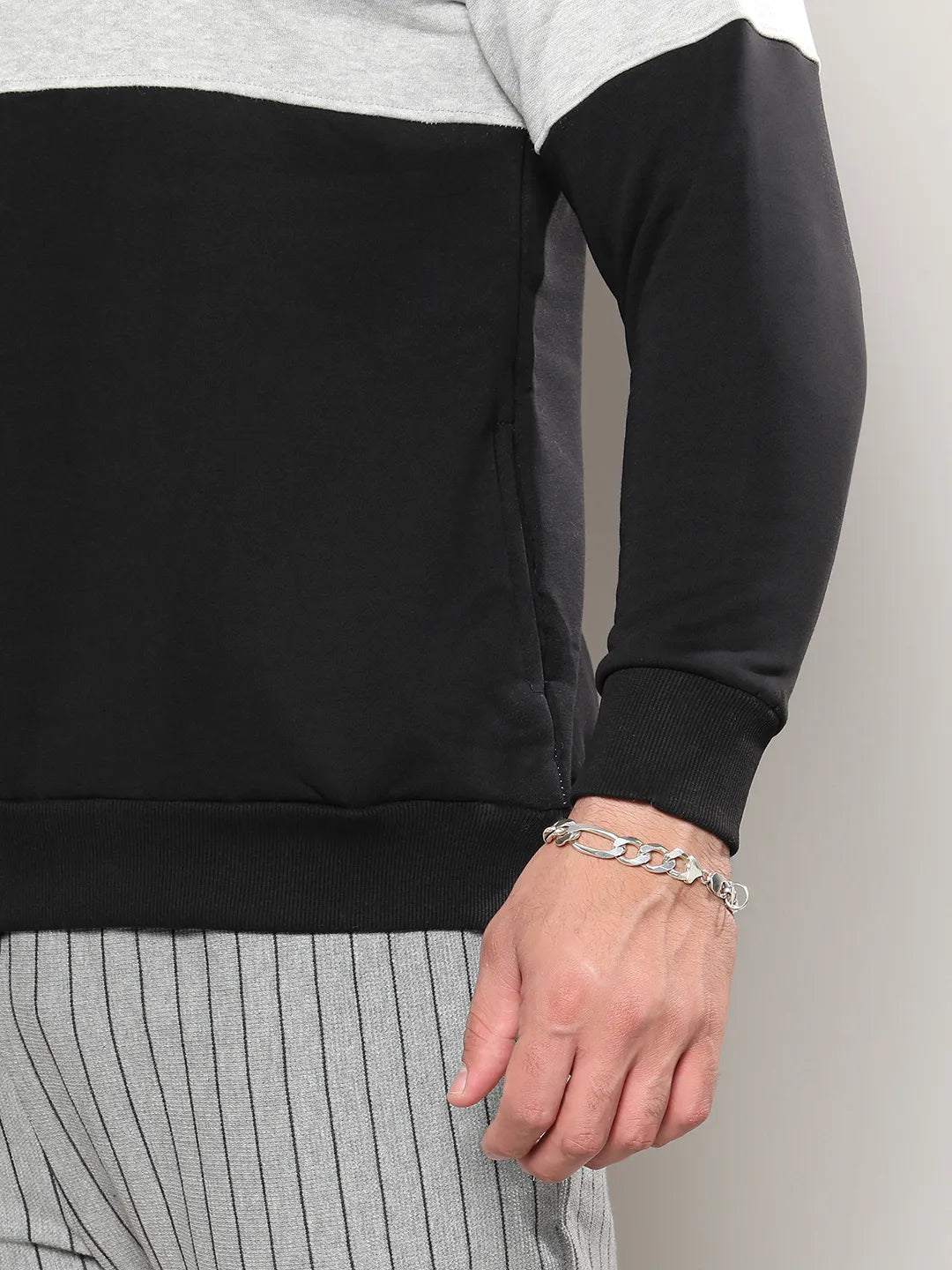 Black & Grey Pullover Hoodie With Ribbed Hem