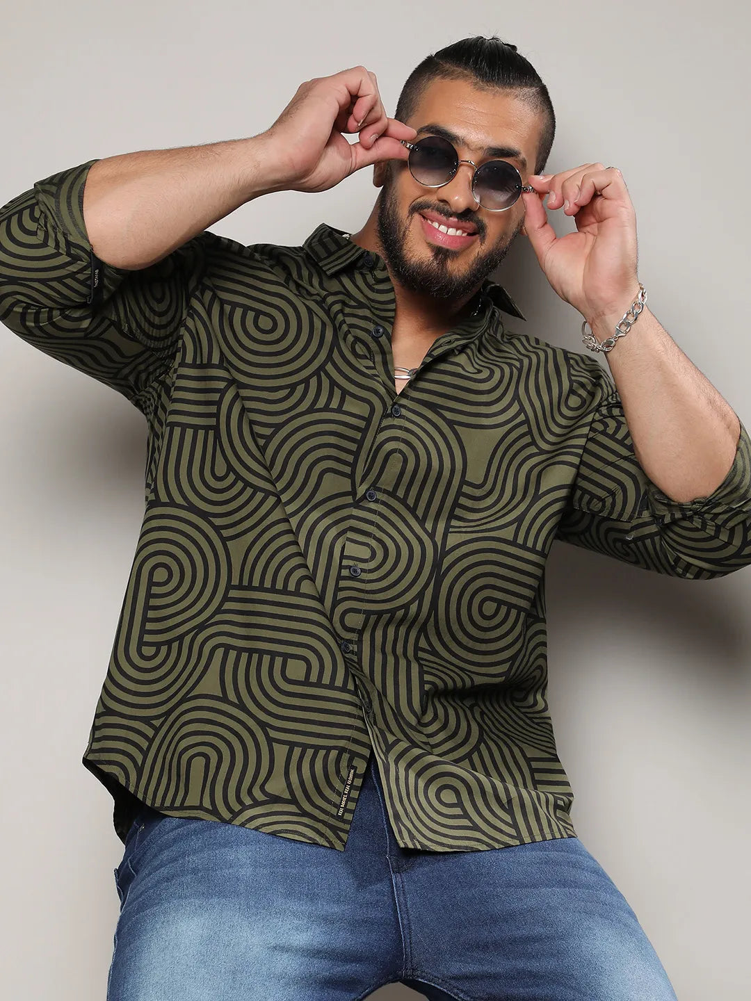 Army Green & Black Contrast Lines Shirt