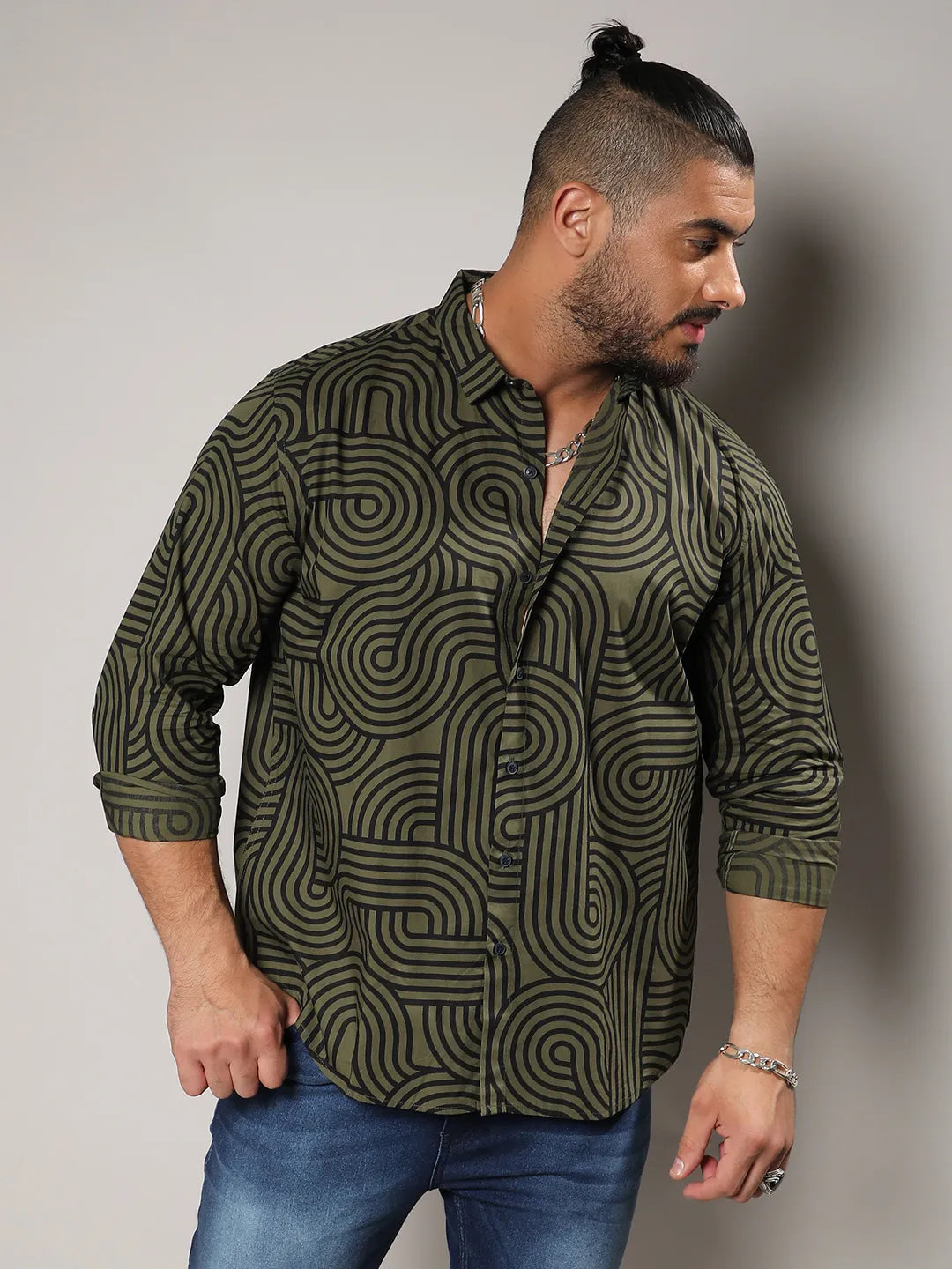 Army Green & Black Contrast Lines Shirt
