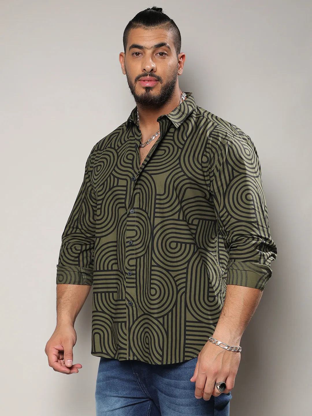 Army Green & Black Contrast Lines Shirt