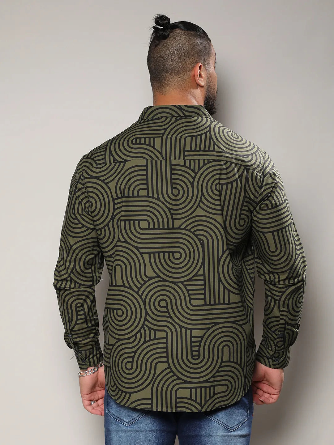Army Green & Black Contrast Lines Shirt