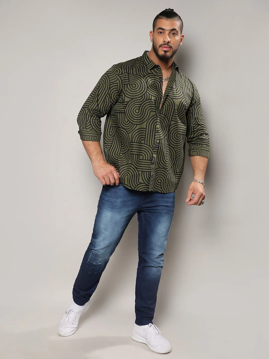 Army Green & Black Contrast Lines Shirt