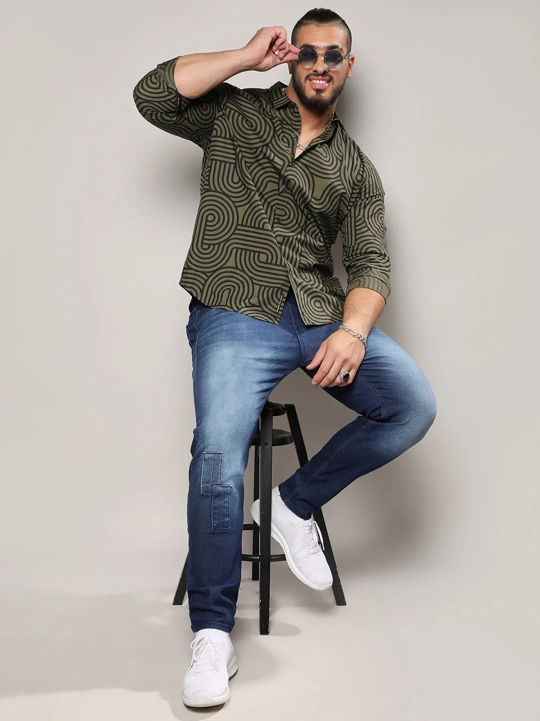 Army Green & Black Contrast Lines Shirt