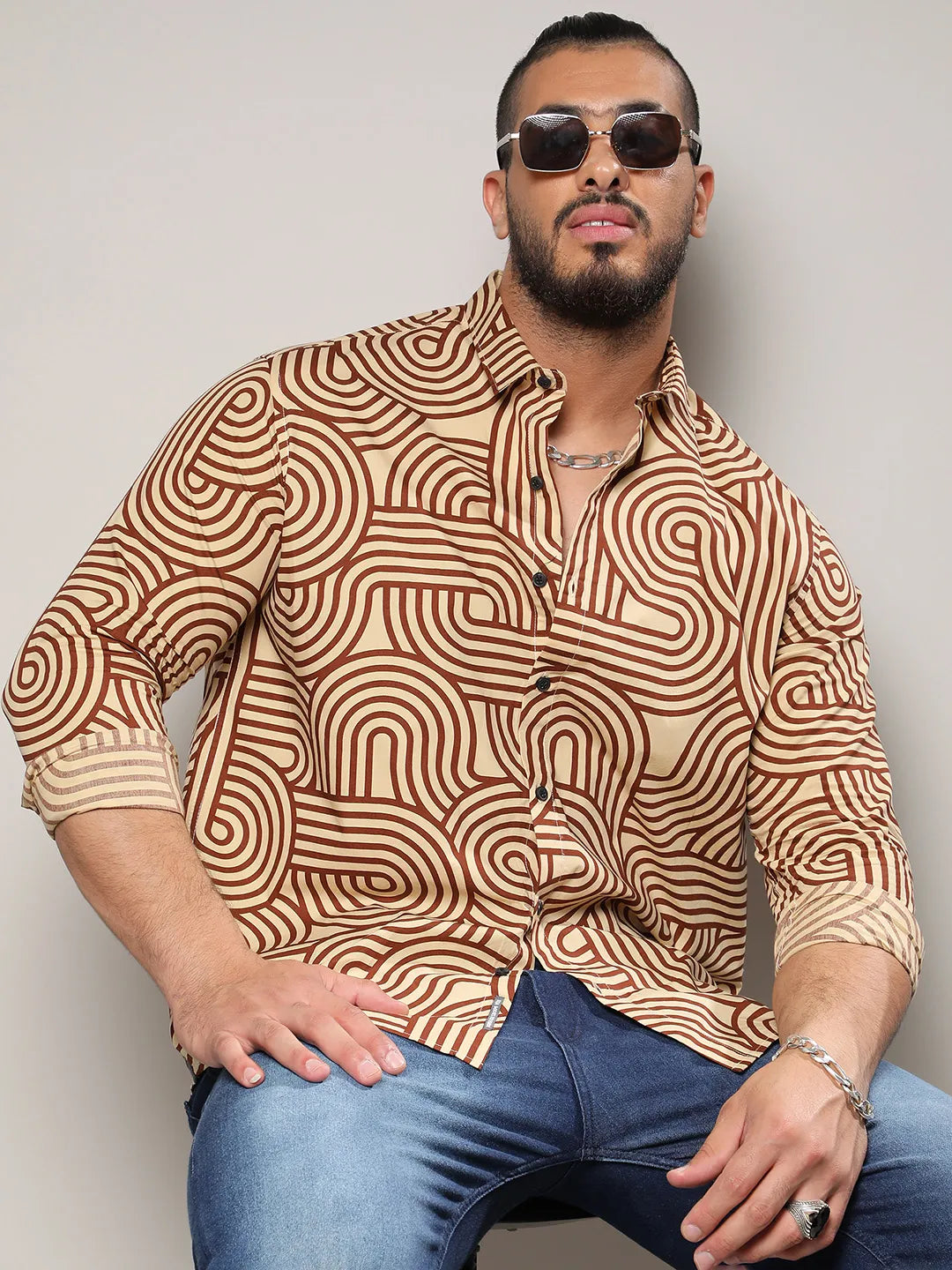 Beige & Brown Contrast Lines Shirt