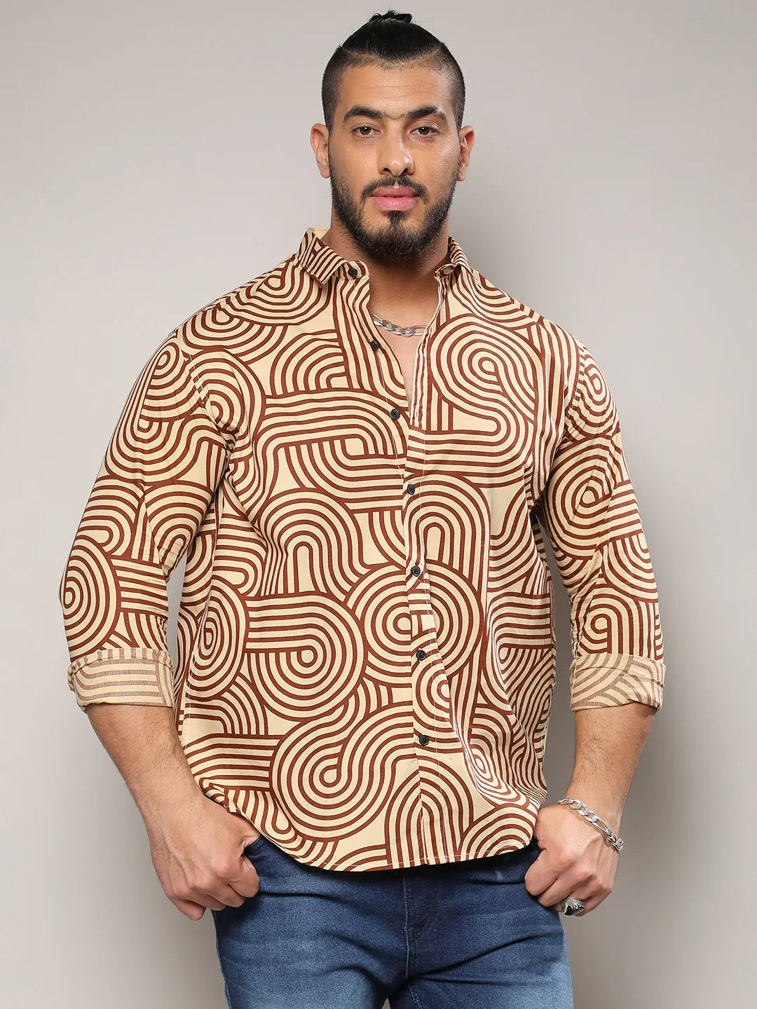 Beige & Brown Contrast Lines Shirt