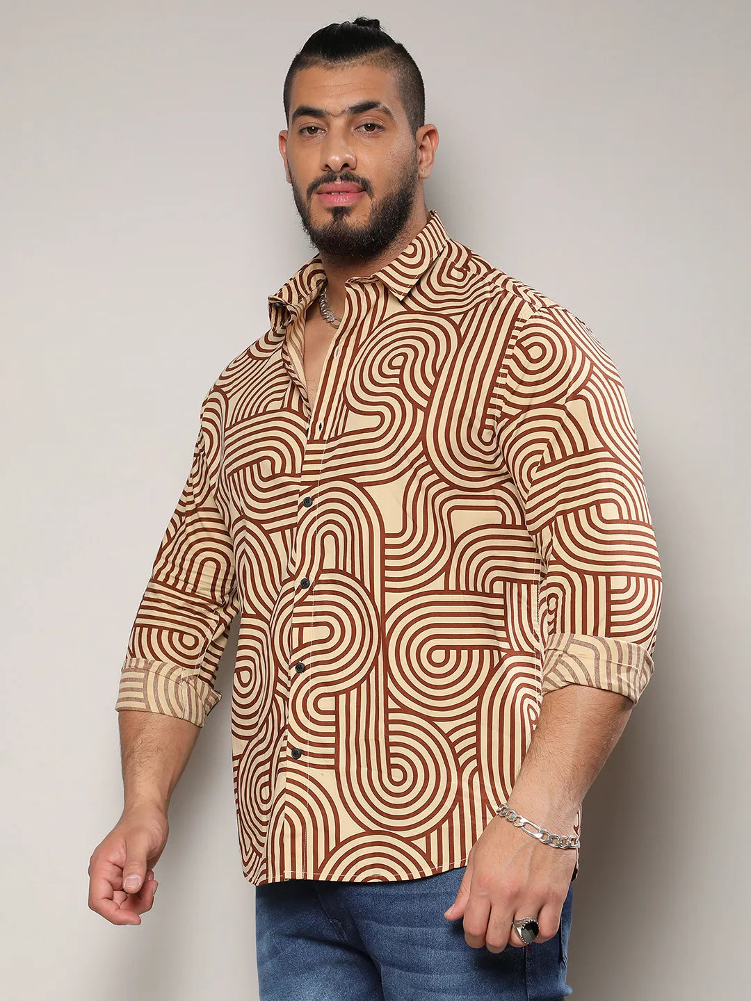 Beige & Brown Contrast Lines Shirt