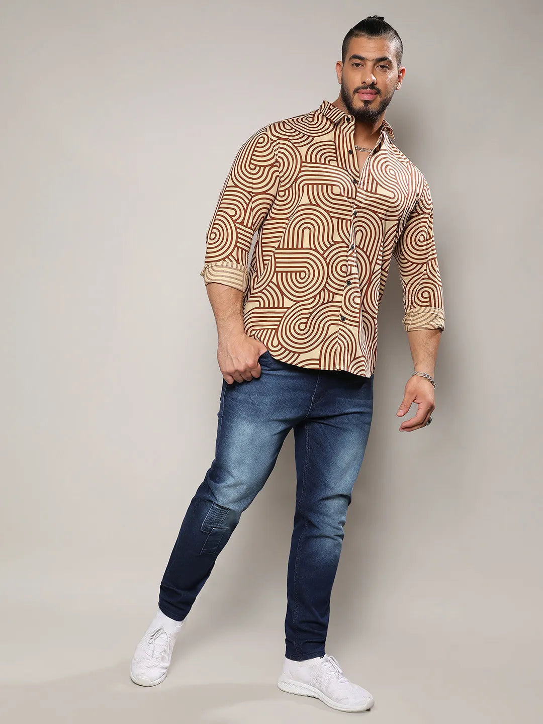 Beige & Brown Contrast Lines Shirt