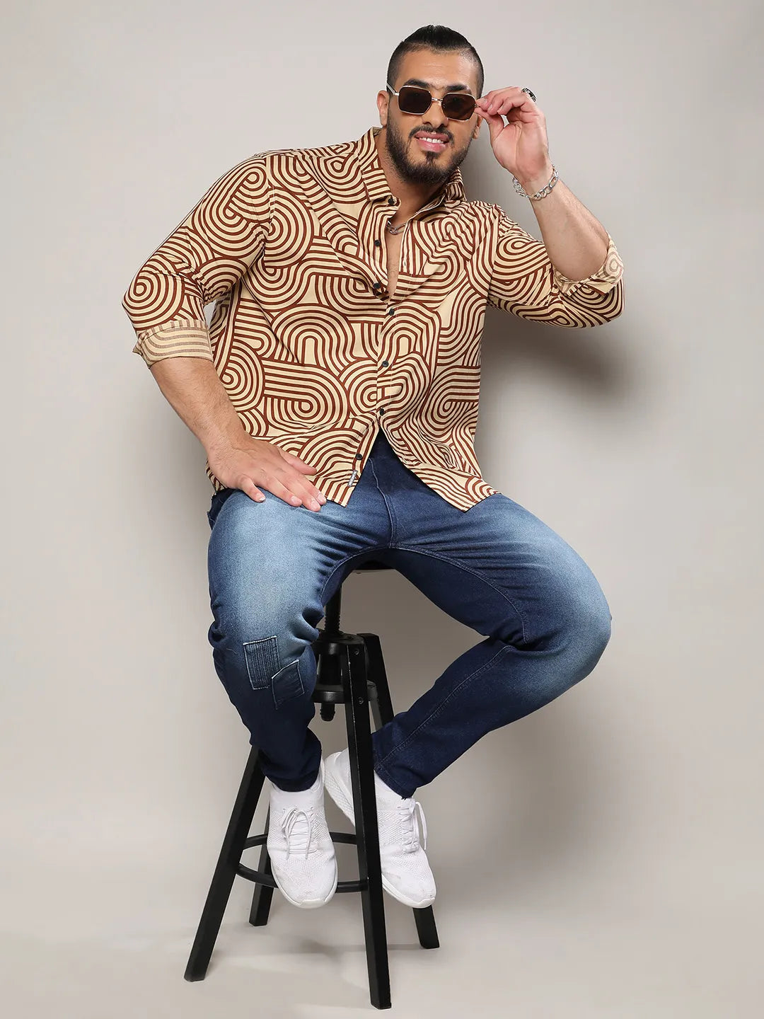 Beige & Brown Contrast Lines Shirt