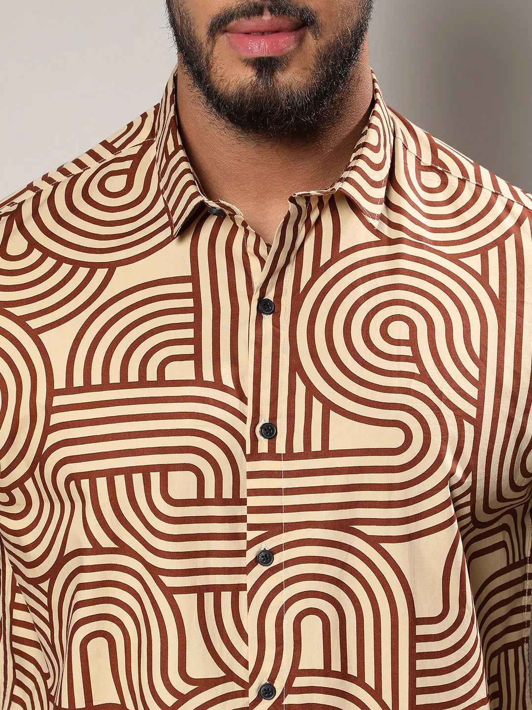 Beige & Brown Contrast Lines Shirt