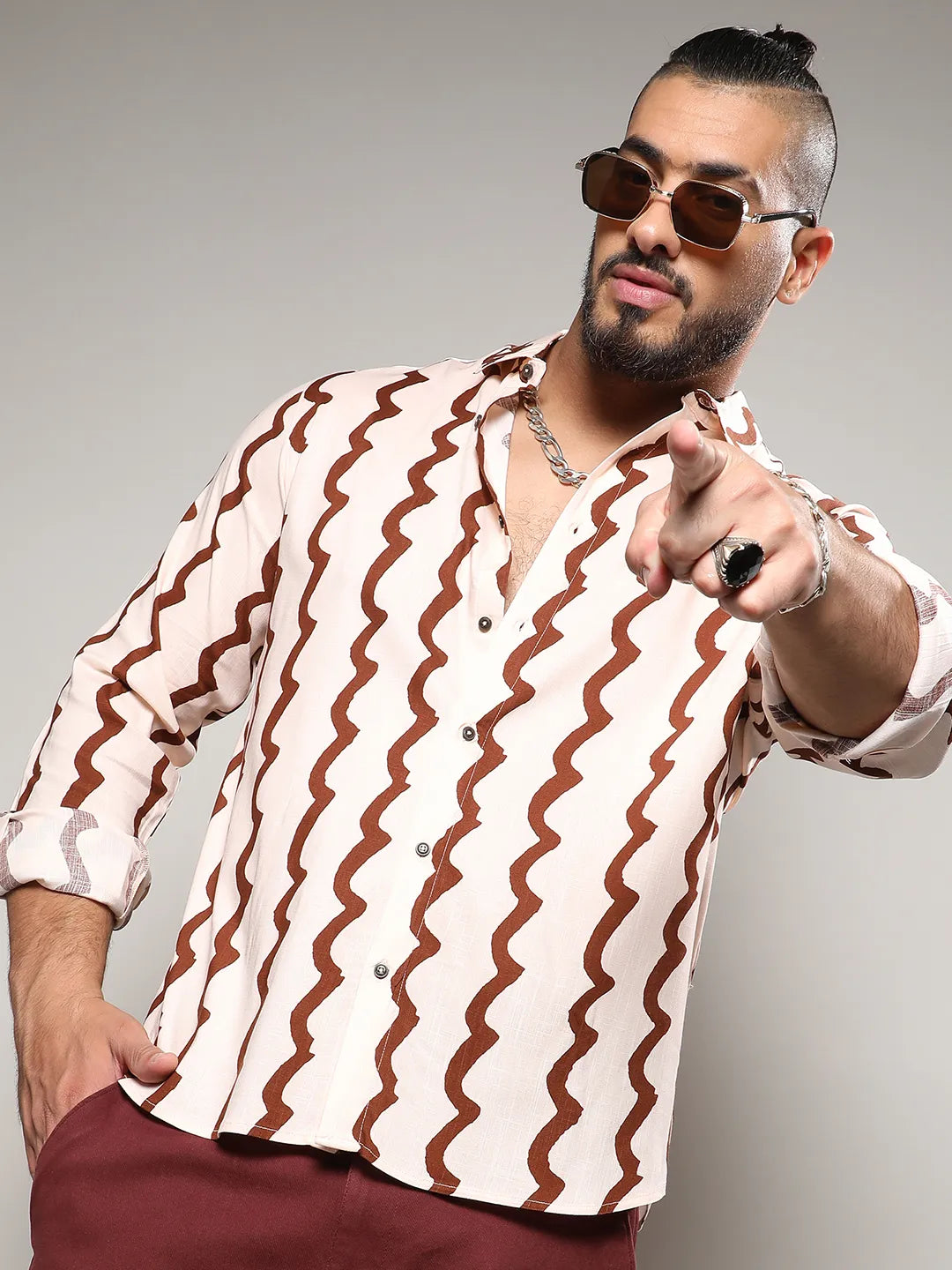 Beige & Brown Contrast Paint Lines Shirt