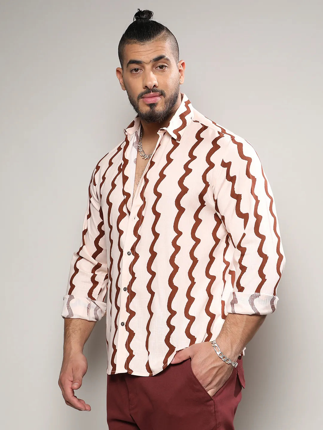 Beige & Brown Contrast Paint Lines Shirt