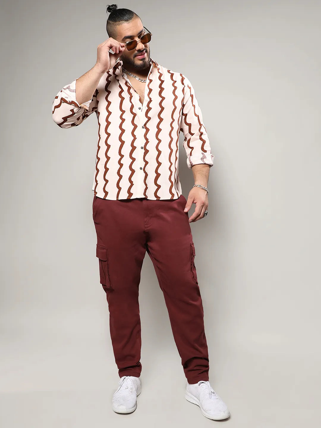 Beige & Brown Contrast Paint Lines Shirt