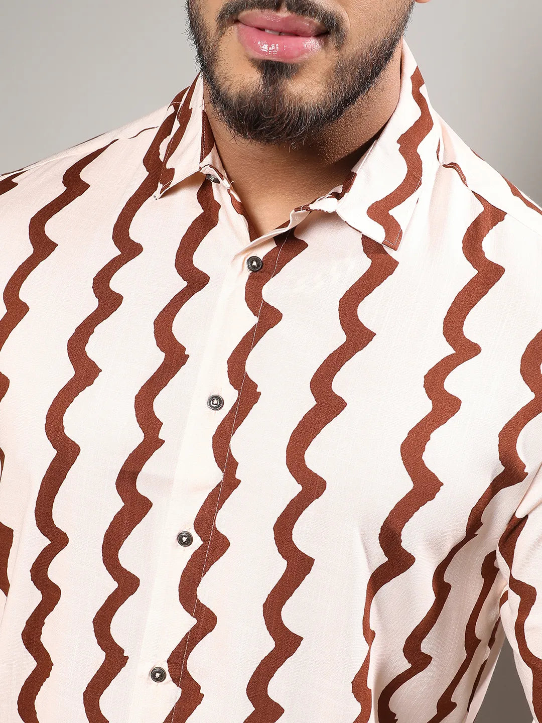 Beige & Brown Contrast Paint Lines Shirt