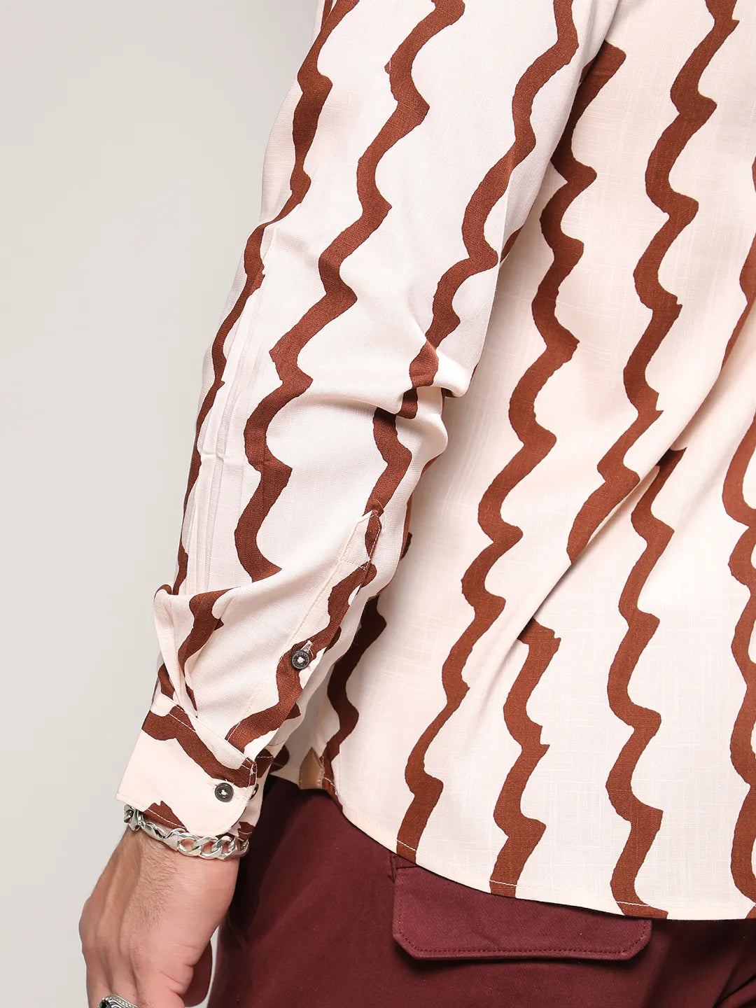 Beige & Brown Contrast Paint Lines Shirt