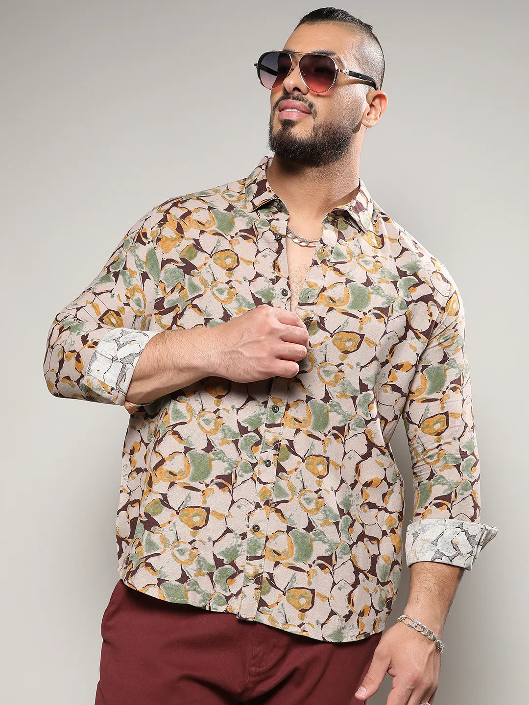 Beige & Green Artistic Floral Cluster Shirt
