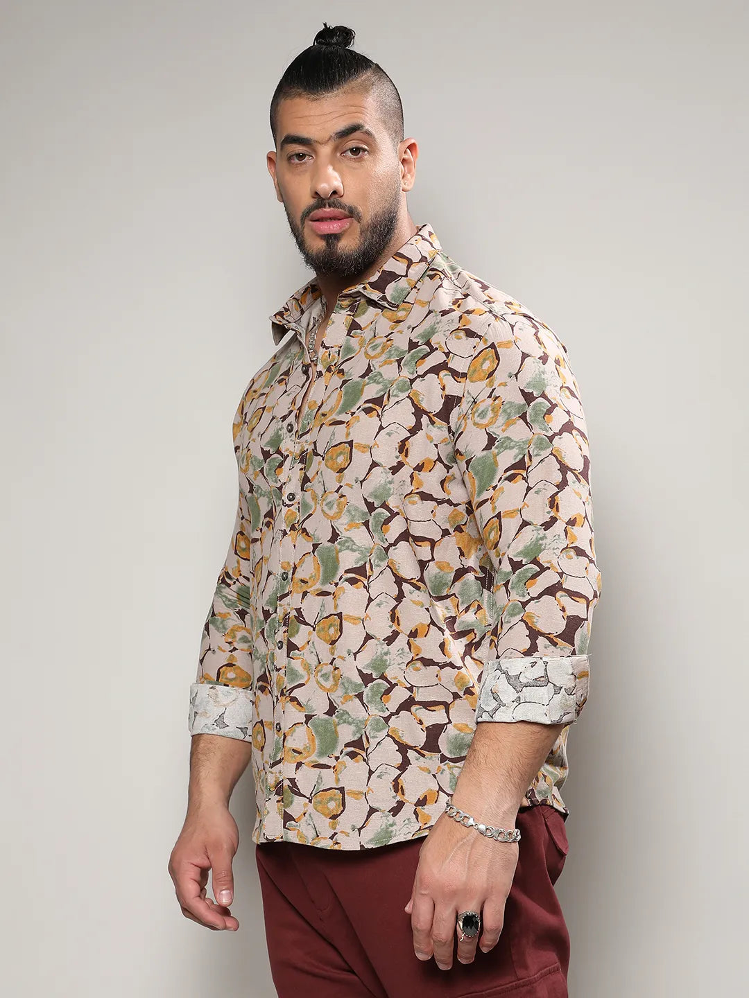 Beige & Green Artistic Floral Cluster Shirt