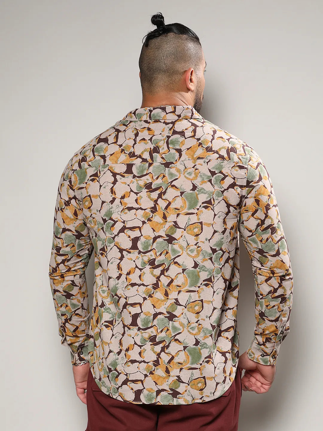 Beige & Green Artistic Floral Cluster Shirt