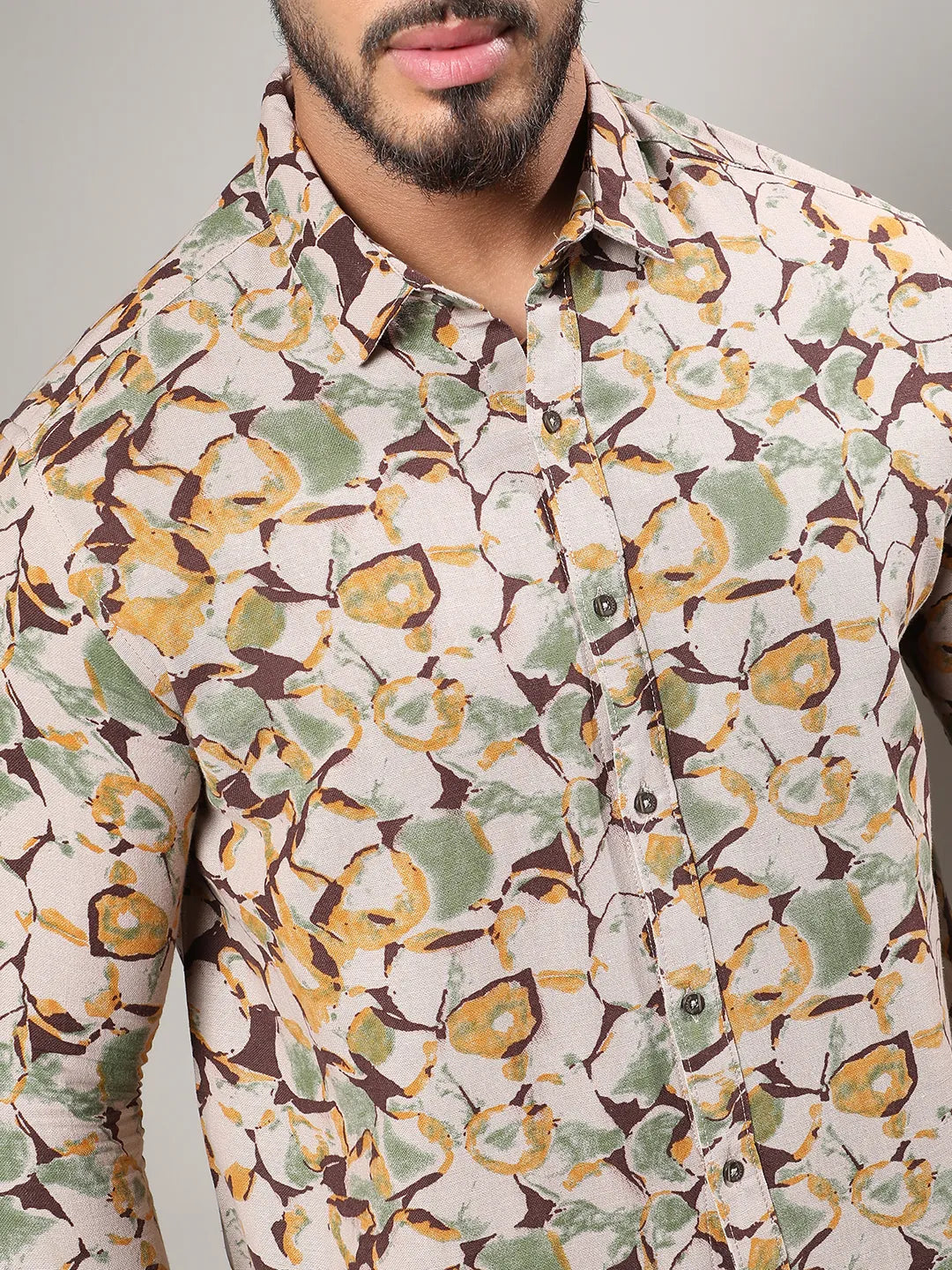 Beige & Green Artistic Floral Cluster Shirt