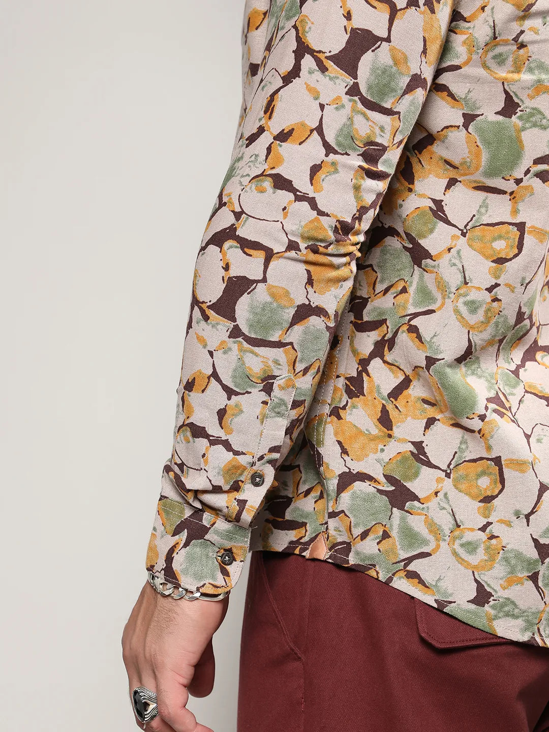 Beige & Green Artistic Floral Cluster Shirt