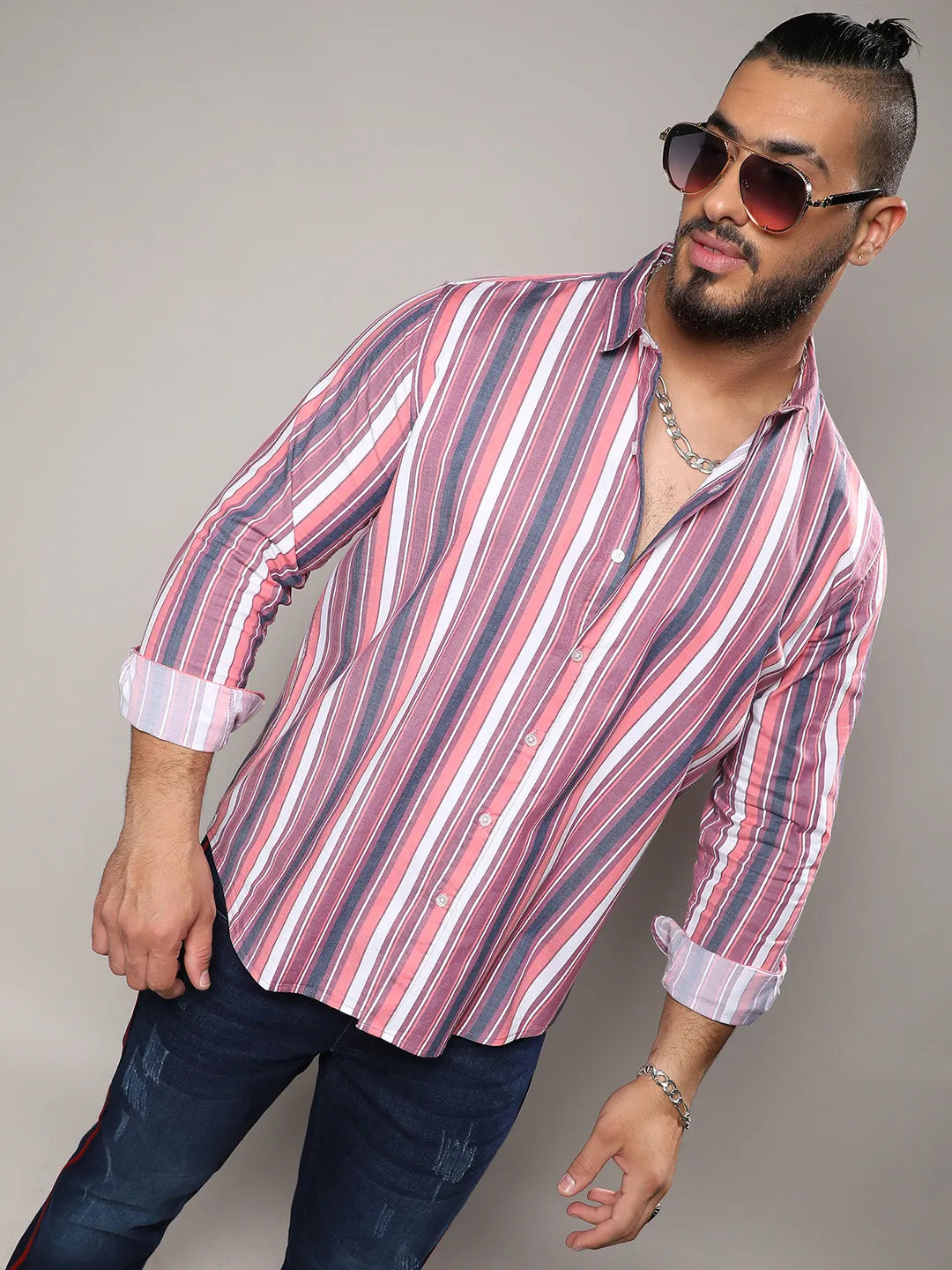 Blush Pink & Dark Grey Faded Barcode Striped Shirt