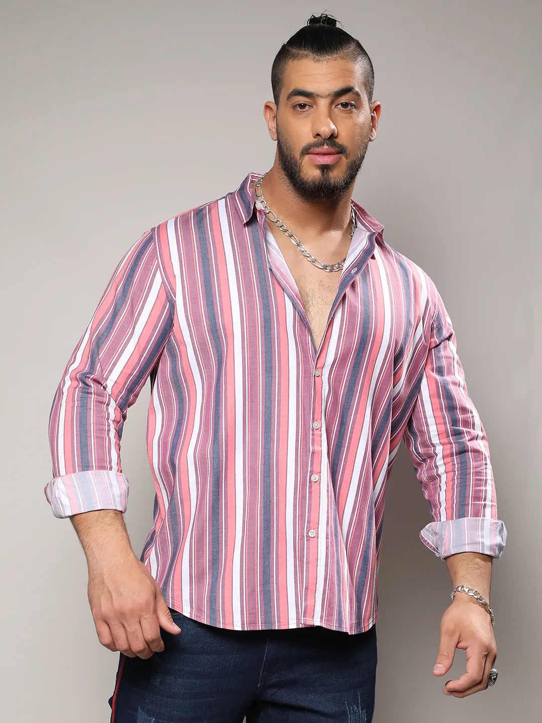 Blush Pink & Dark Grey Faded Barcode Striped Shirt