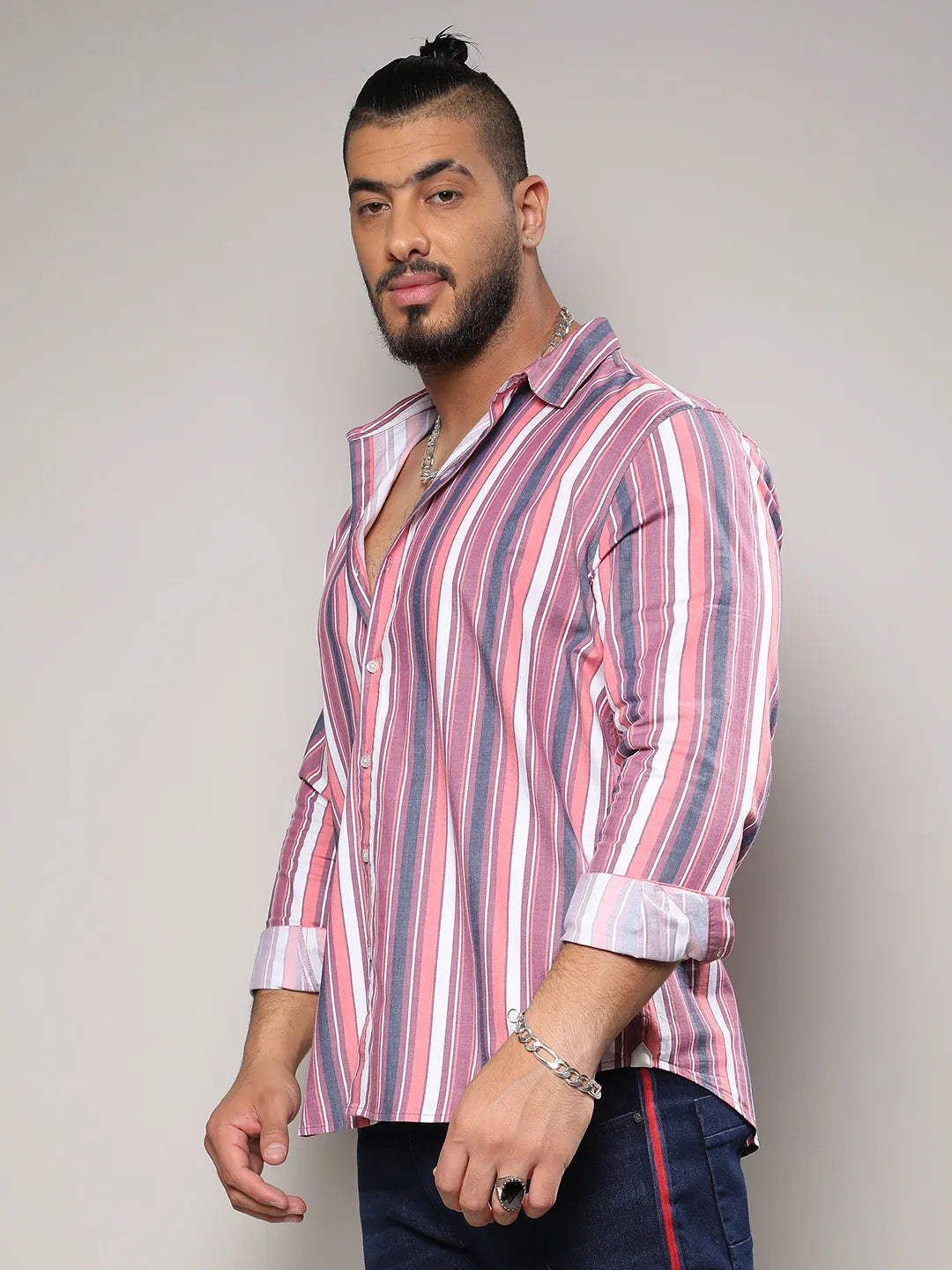 Blush Pink & Dark Grey Faded Barcode Striped Shirt