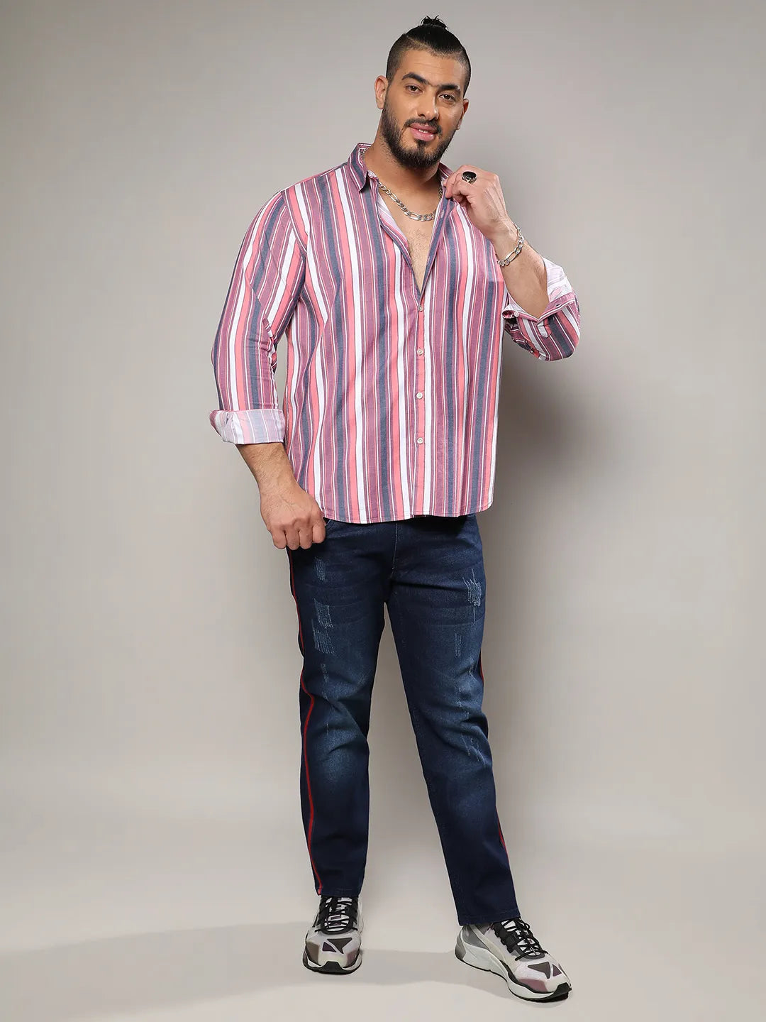Blush Pink & Dark Grey Faded Barcode Striped Shirt