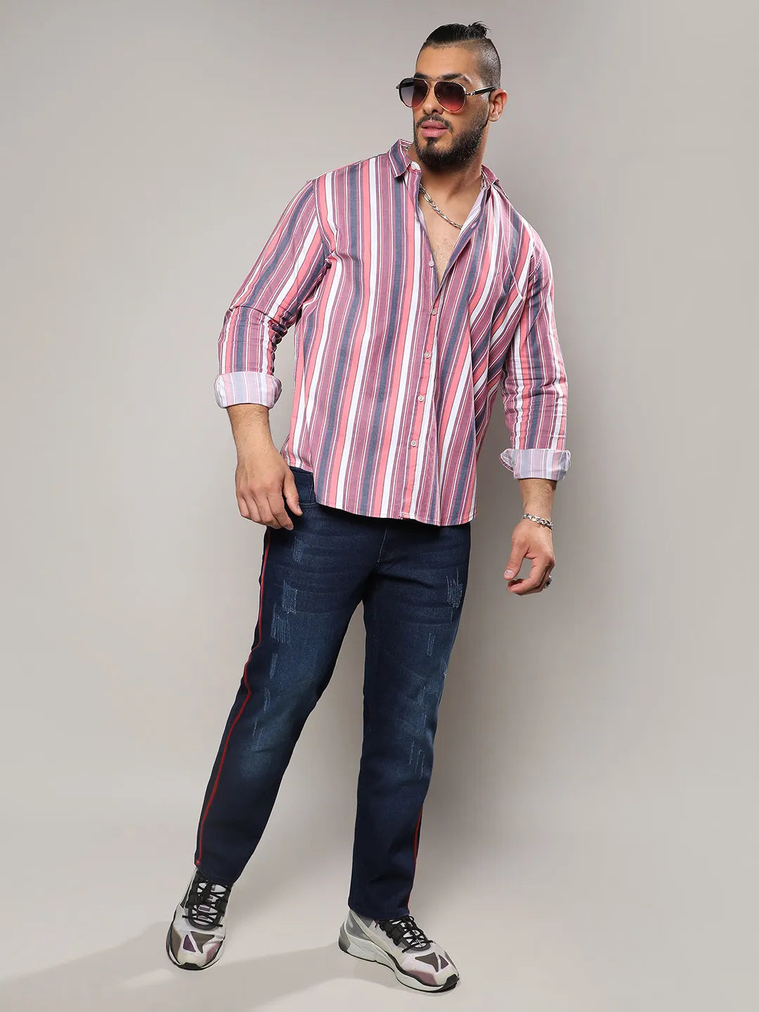 Blush Pink & Dark Grey Faded Barcode Striped Shirt