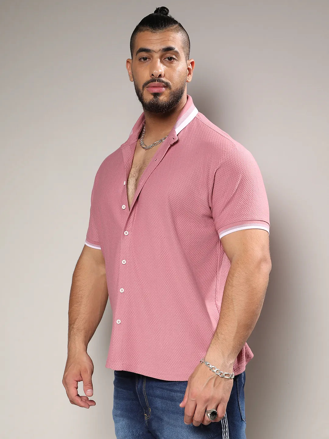 Coral Pink Honeycomb Knit Shirt