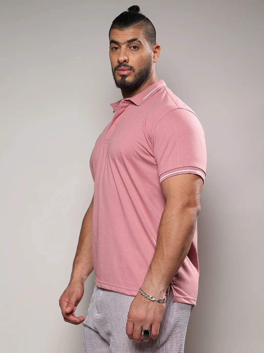 Coral Pink Self-Design Halo Striped T-Shirt