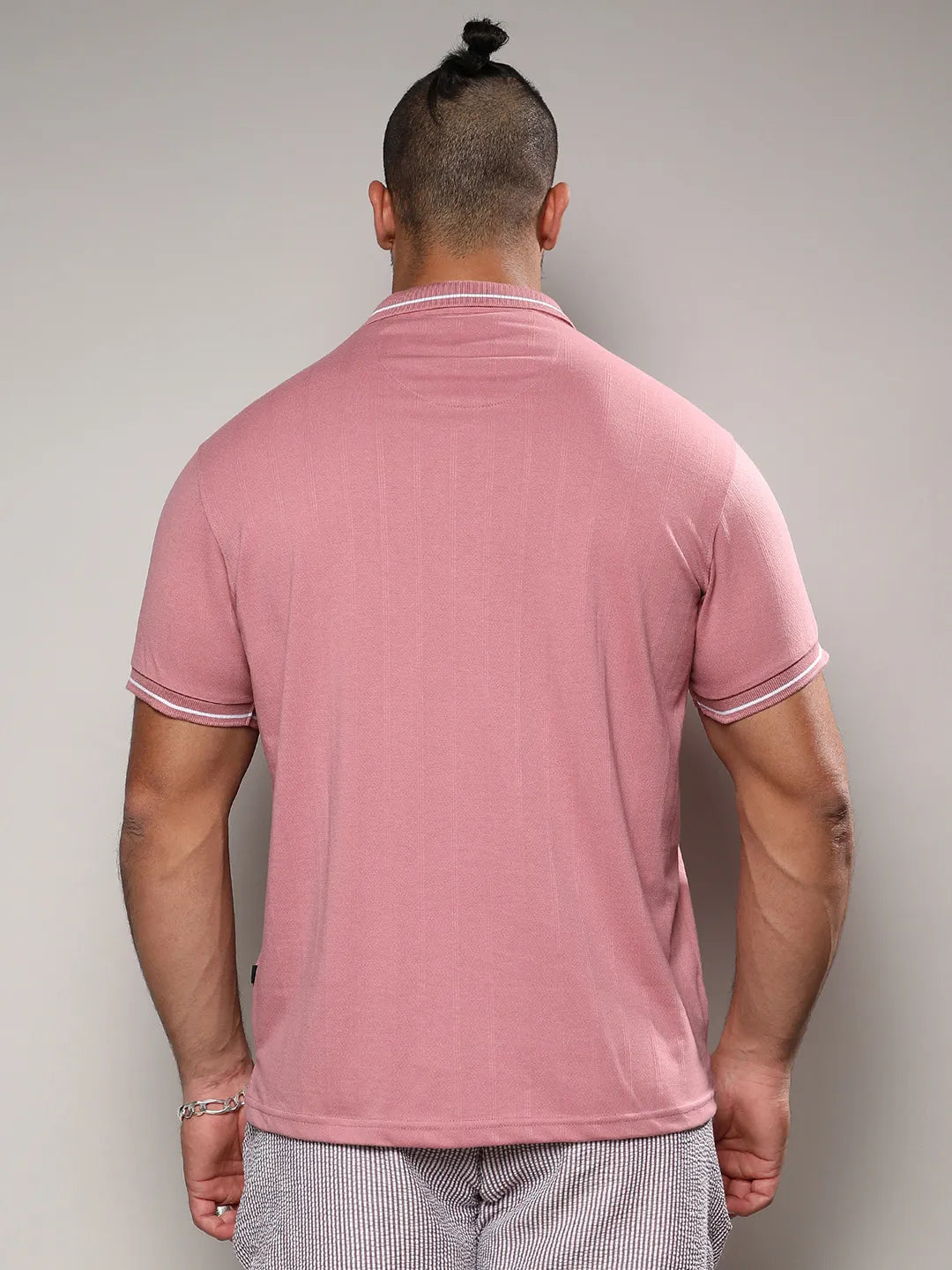 Coral Pink Self-Design Halo Striped T-Shirt