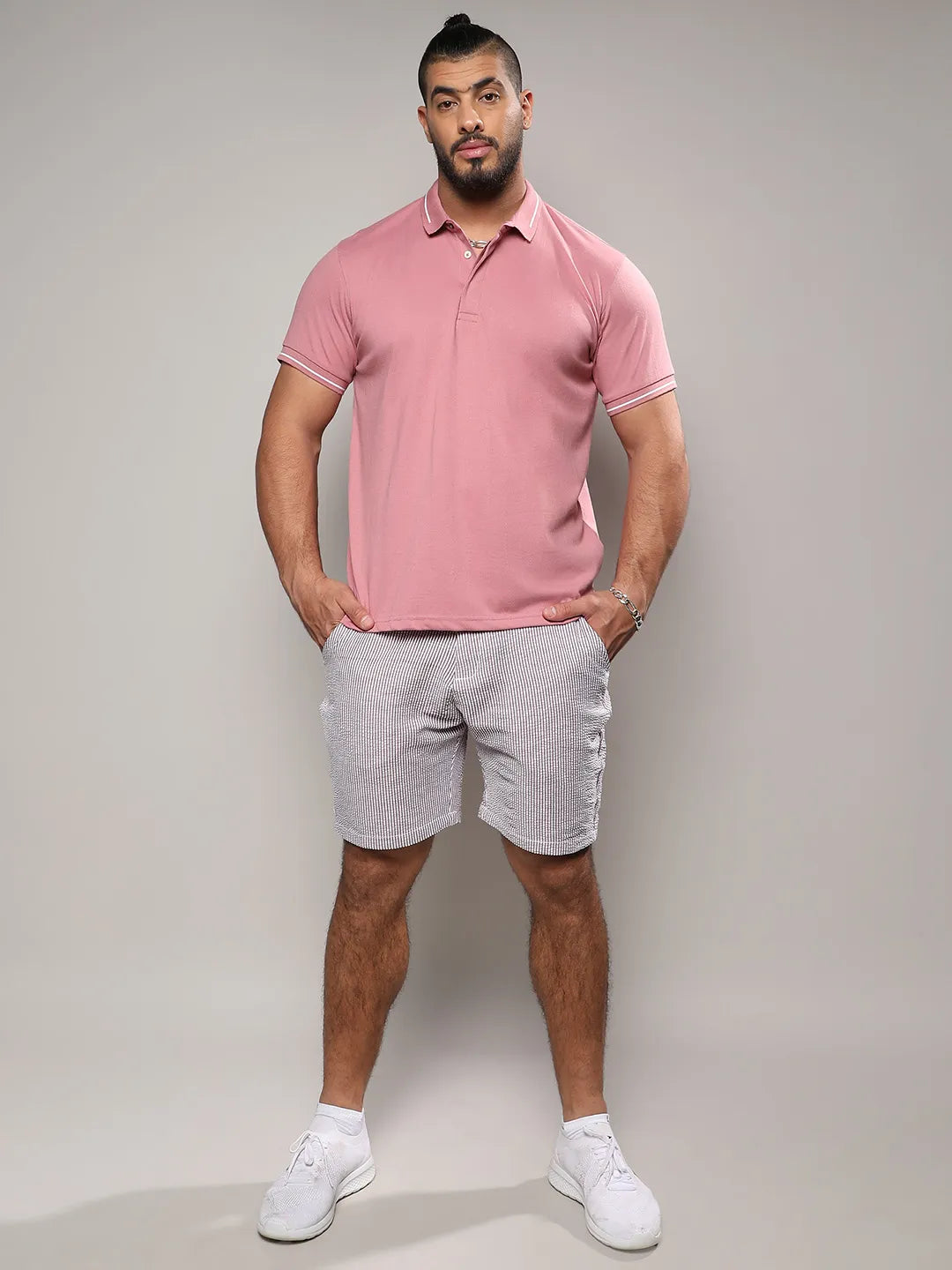Coral Pink Self-Design Halo Striped T-Shirt